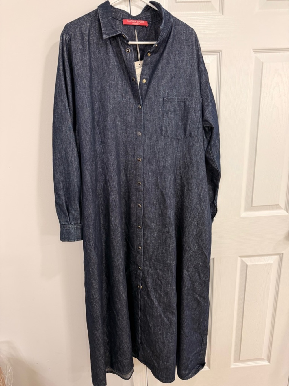 Marina Rinaldi Dalmata Dark Navy Long Sleeve Maxi Shirt Dress with Waist Tie - Picture 3 of 11